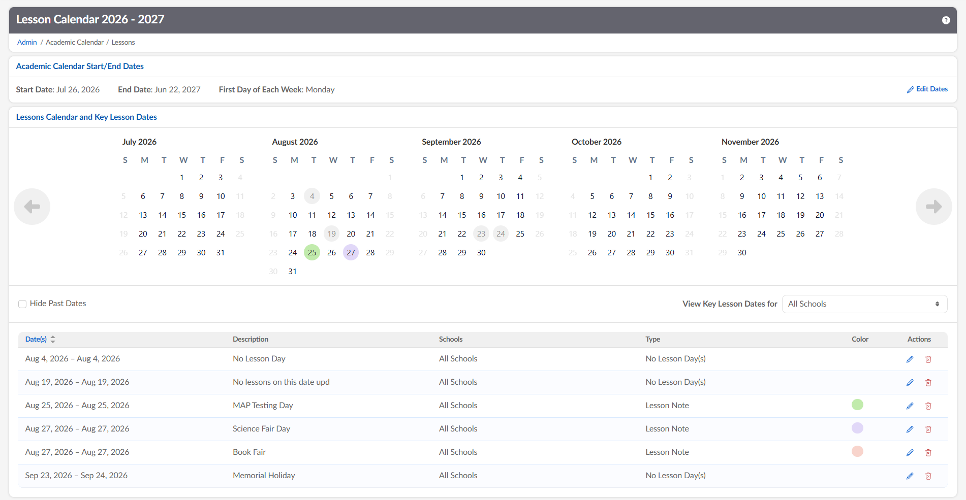 Captura de pantalla: El Calendario de lecciones proporciona a los administradores un panel centralizado para definir los límites del período académico, gestionar