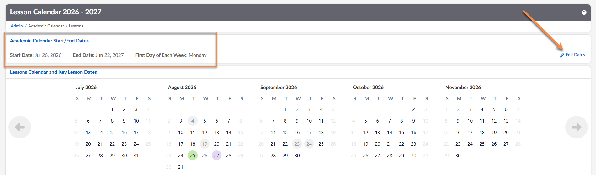 Captura de pantalla: Haz clic en Editar fechas para abrir la sección Calendario académico, donde podrás ajustar el inicio y el final del año académico.