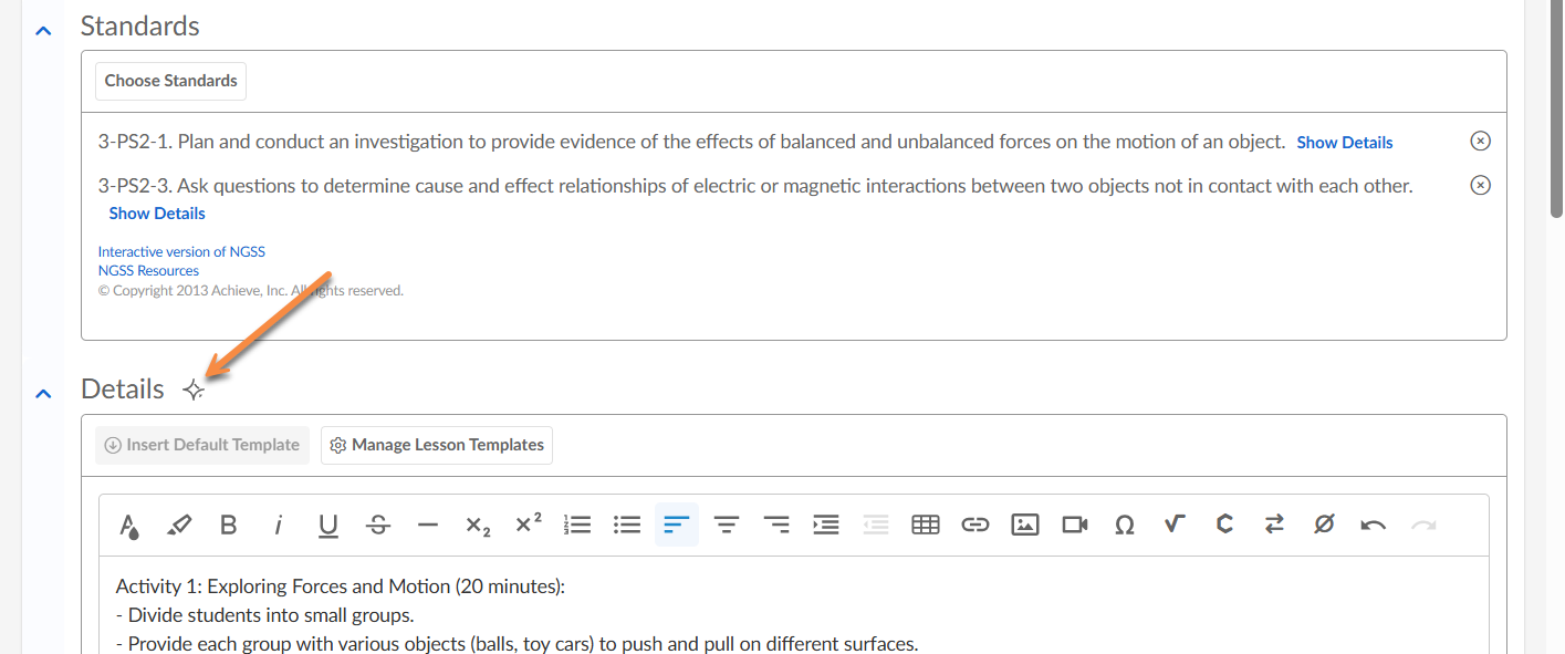 Captura de pantalla: Categorías incluidas: Solo el cuadro Detalles en el Planificador de lecciones incluye la función de IA.