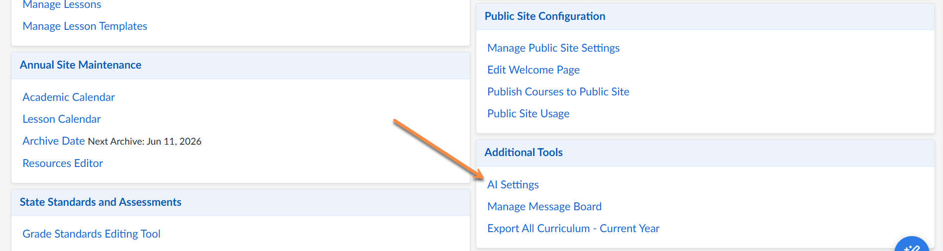 Captura de pantalla: Para encontrar estas configuraciones, vaya a Administración > Panel de administración > Configuración de IA (dentro del cuadro Herramientas adicionales).