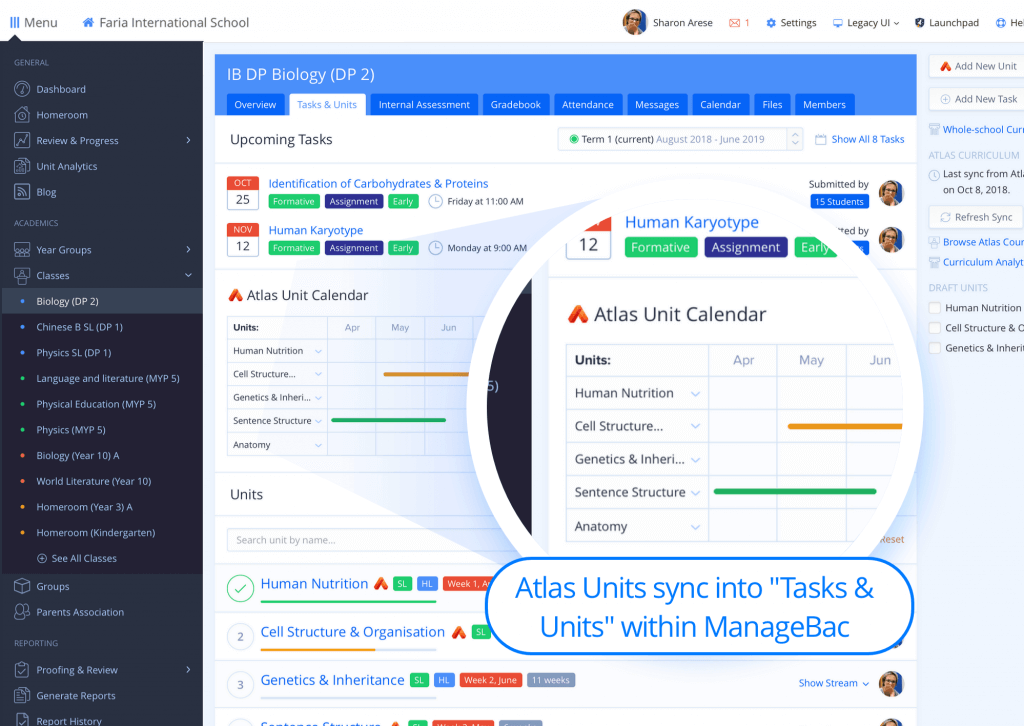 截图：此集成允许 Atlas 和 ManageBac+ 的合作学校直接协作规划和编辑 Atlas 单元。