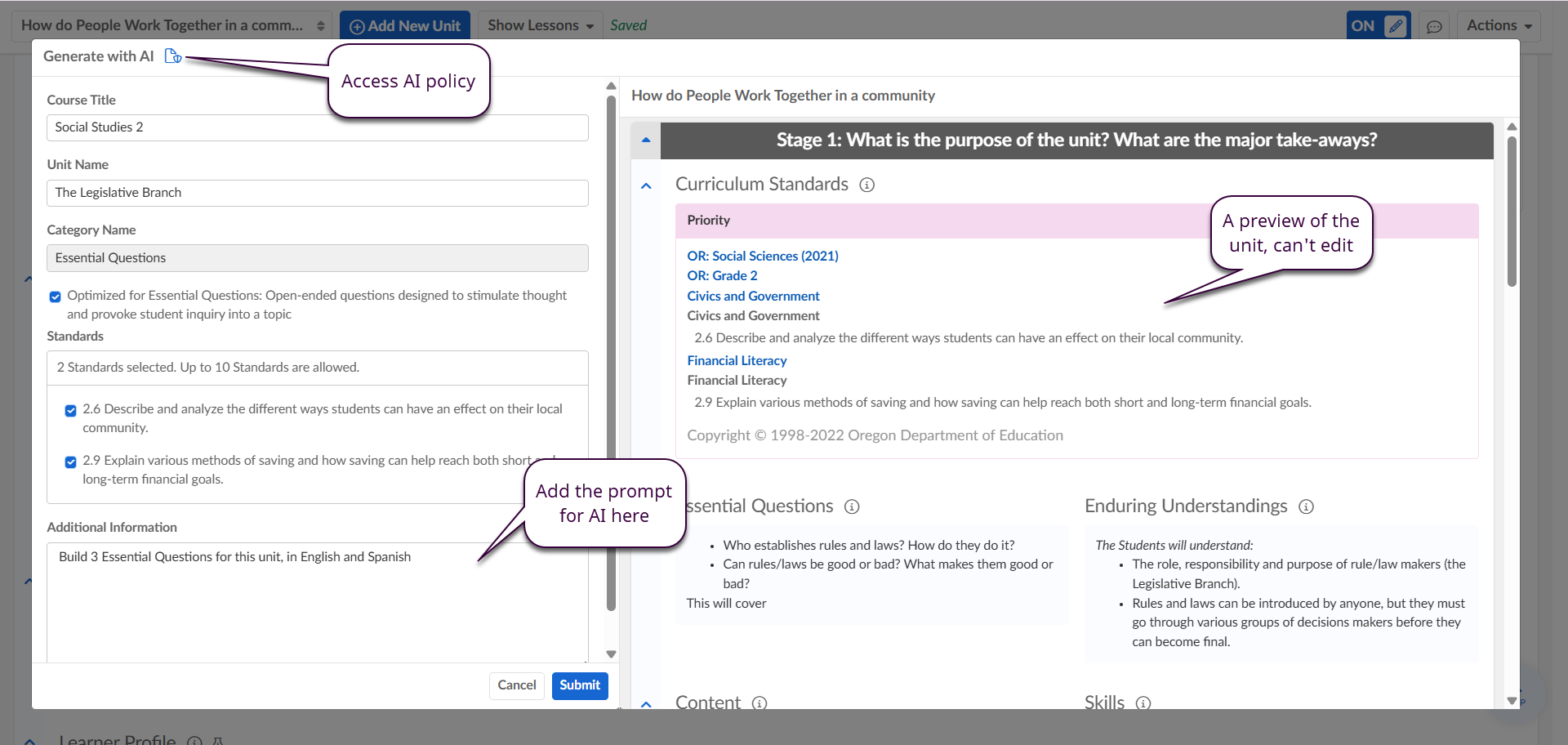Captura de pantalla: Si utiliza IA en un planificador de unidades, en el lado derecho del menú emergente de IA, puede ver los detalles de su unidad, pero la edición