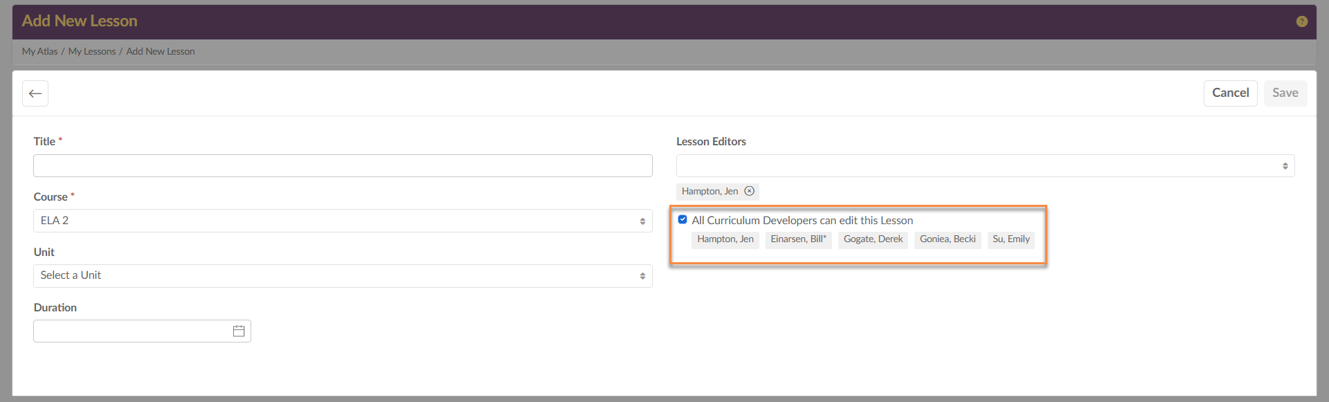 Captura de pantalla: Estos ajustes controlan lo que aparece al crear o editar lecciones.