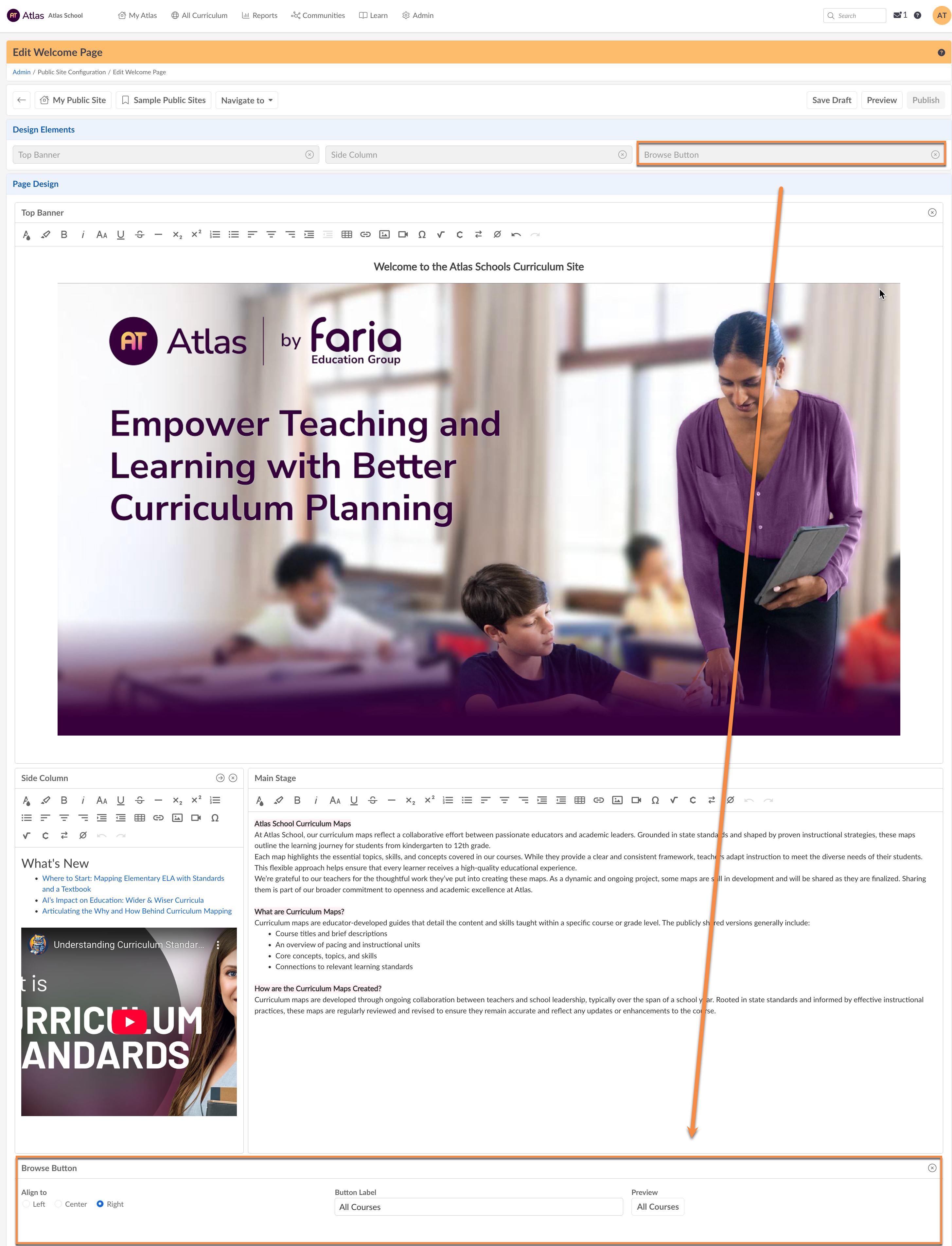 Captura de pantalla: Elimine el botón "Todos los cursos" haciendo clic en la X que se encuentra en la esquina superior derecha de esta sección.