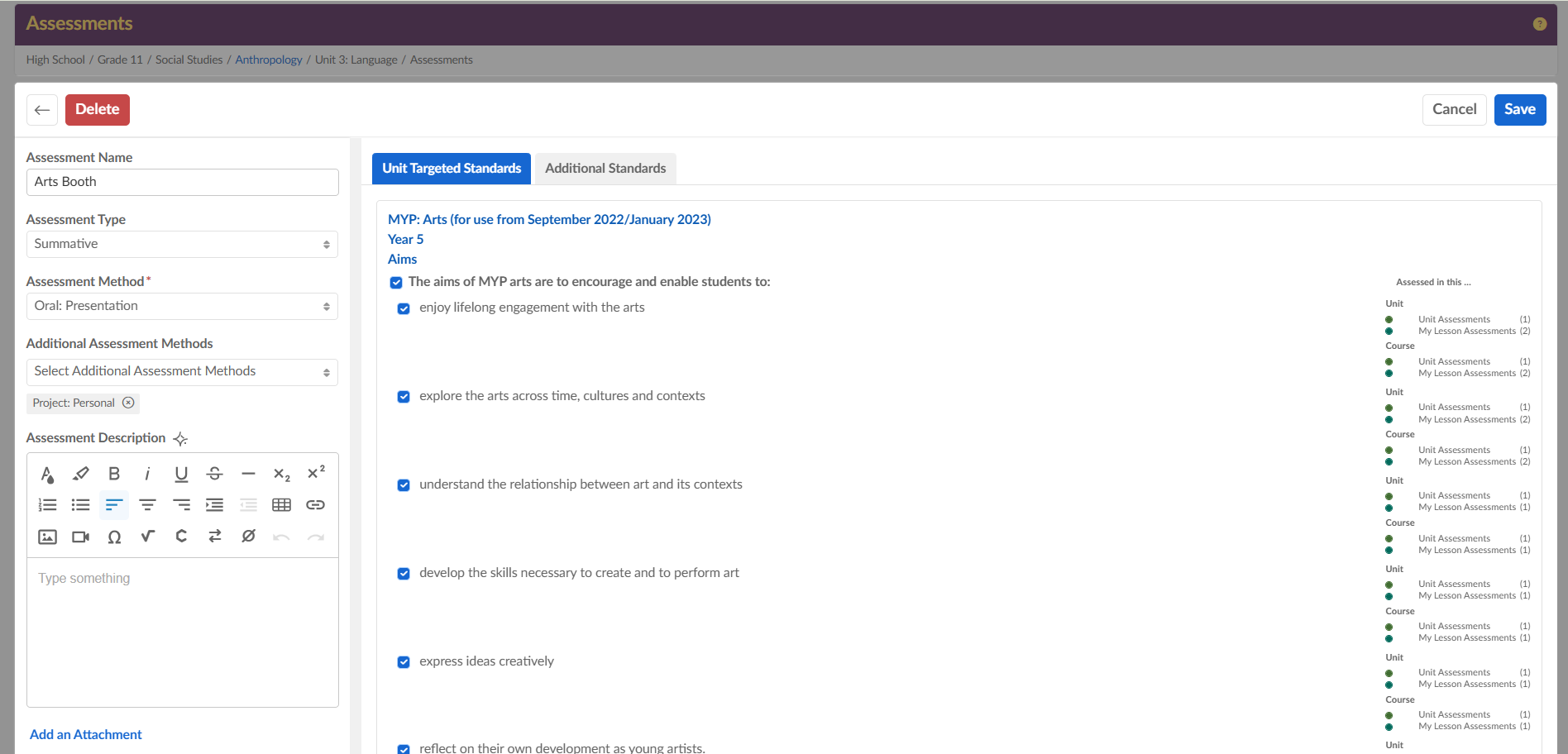 Captura de pantalla: Las evaluaciones se utilizan en el sistema Atlas para permitir que el desarrollador del currículo identifique cómo está evaluando a los estudiantes.