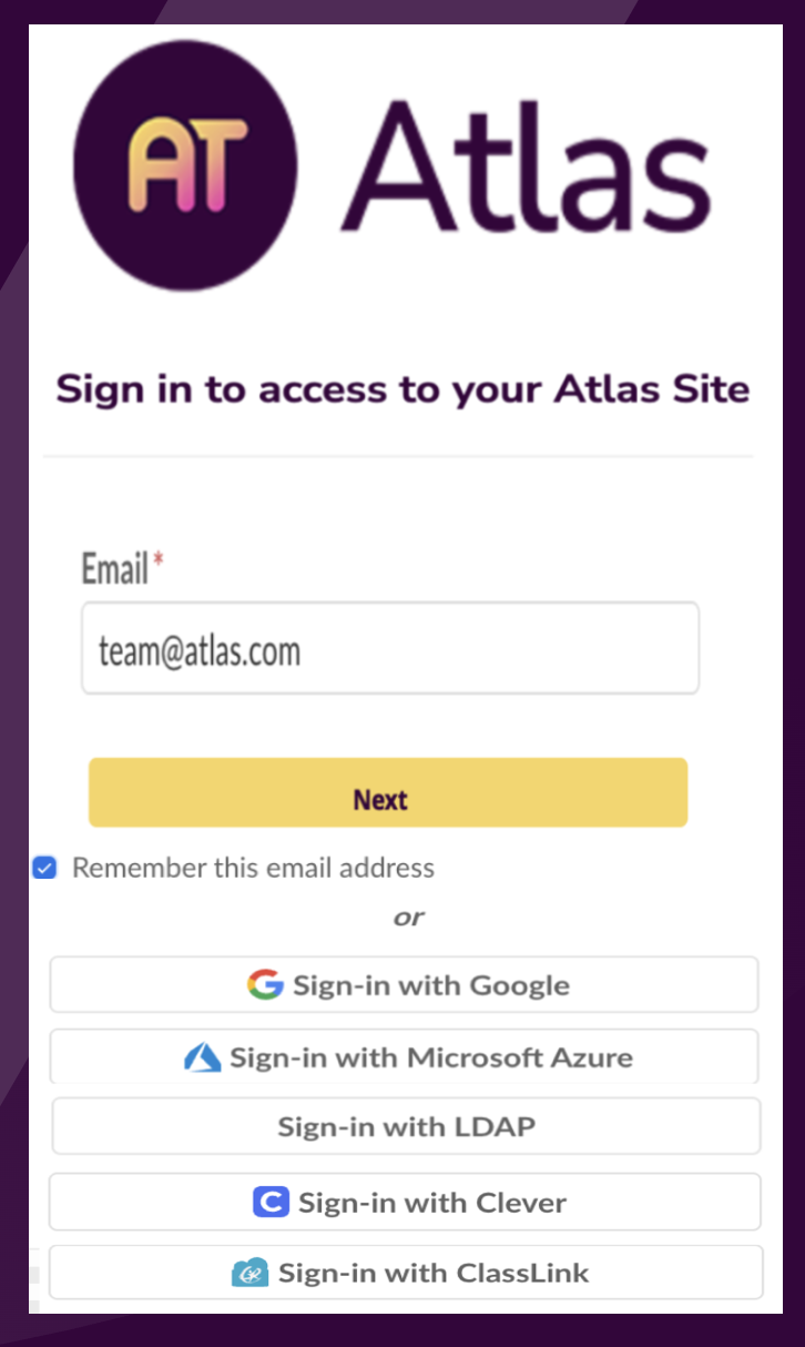 Captura de pantalla: Ve a tu URL de Atlas y verás un nuevo botón en la página de inicio de sesión que contiene el nombre de tu SSO.