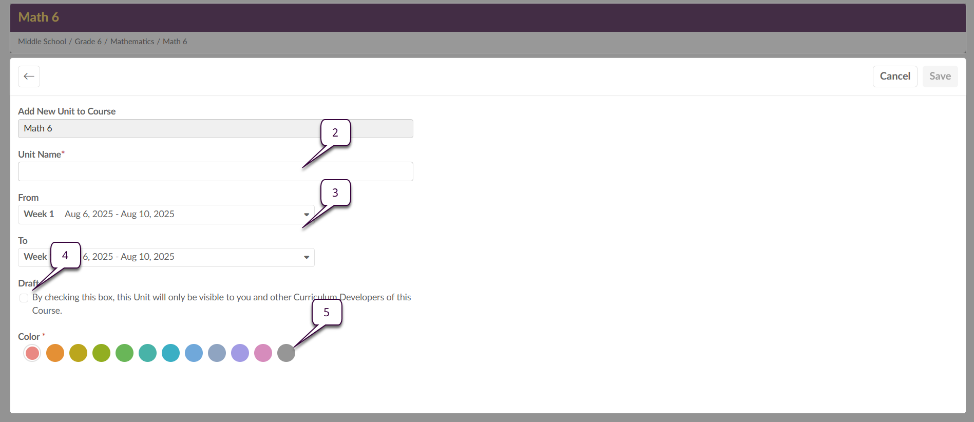 Captura de pantalla: Haga clic en el menú desplegable Color para seleccionar el color de la barra de ritmo de la unidad si desea que sea diferente de