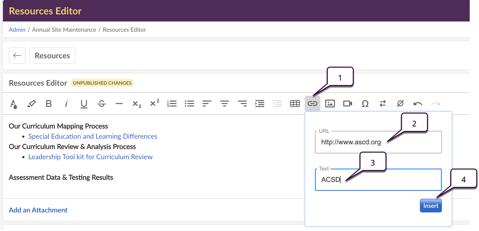 Captura de pantalla: Enlaces del sitio web: Haga clic en Insertar