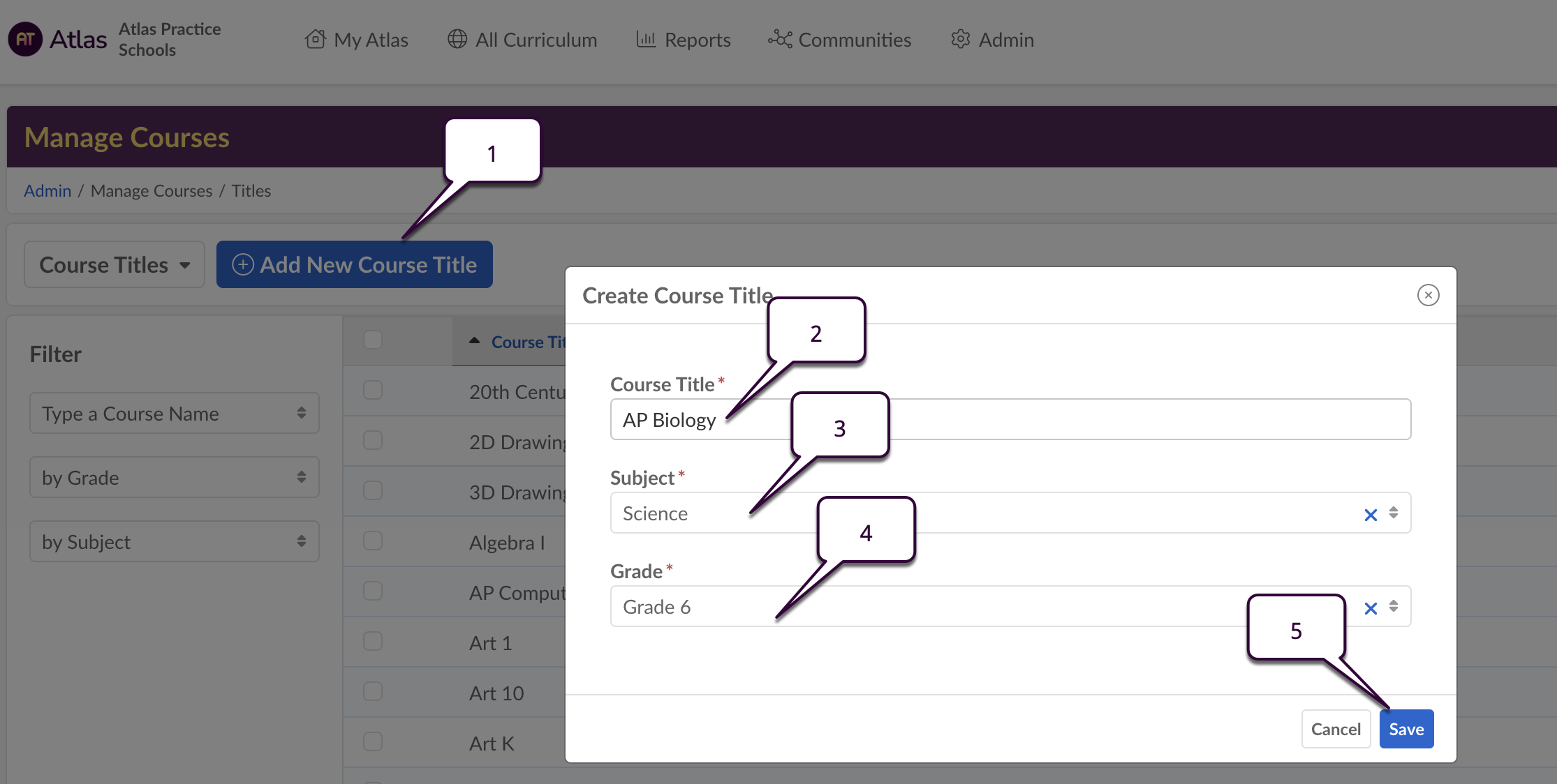 Captura de pantalla: Desde el panel de administración > Gestionar cursos > Asignaciones de cursos > Títulos de cursos