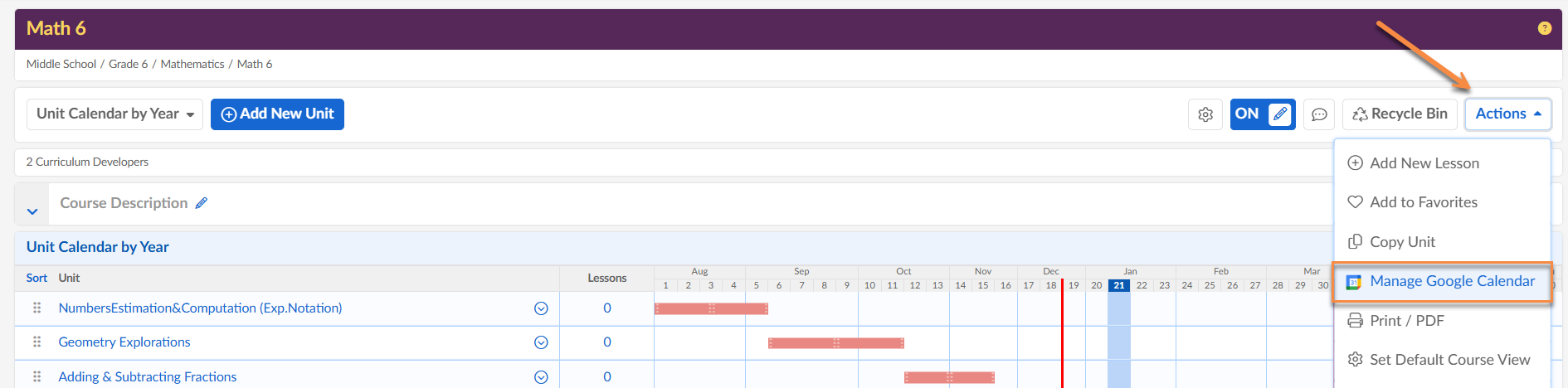Captura de pantalla: Seleccione la opción Administrar Google Calendar.