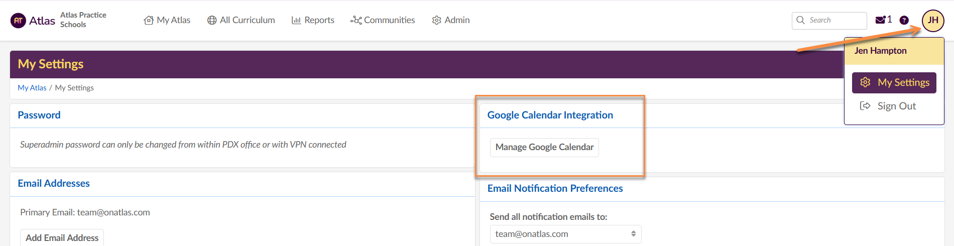 Captura de pantalla: Haz clic en el botón Gestionar Google Calendar.