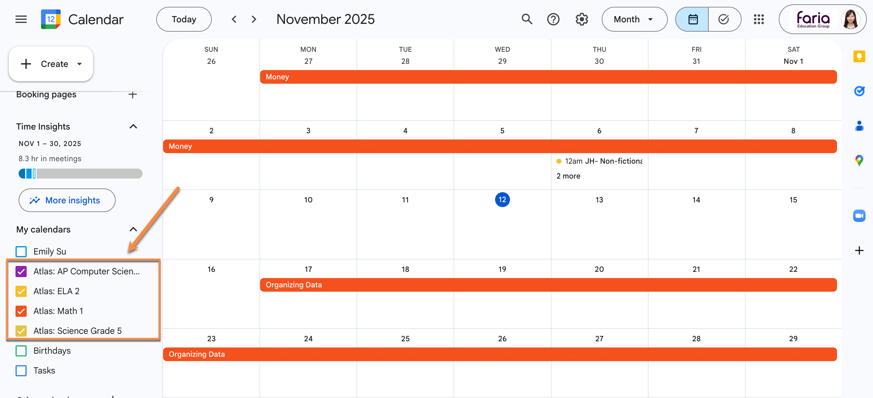 Captura de pantalla: En la sección Mis calendarios, marque o desmarque la casilla del curso para mostrar u ocultar el curso con sus unidades asociadas.