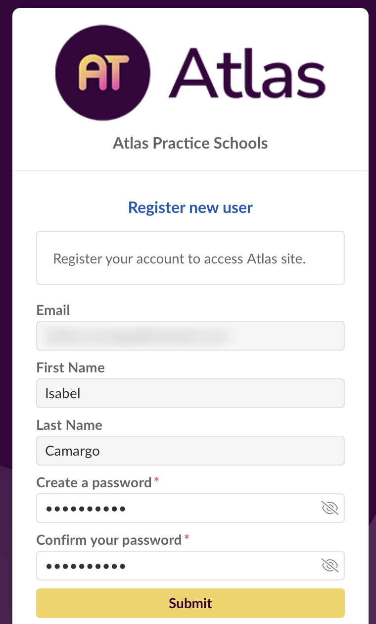 Captura de pantalla: La primera vez que inicies sesión, Atlas te pedirá que registres tu cuenta.