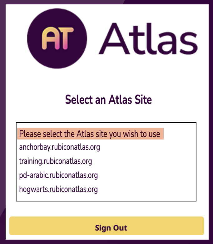 Captura de pantalla: Si comienza desde https://authenticate.onatlas.com y tiene acceso a varios sitios, verá una lista.
