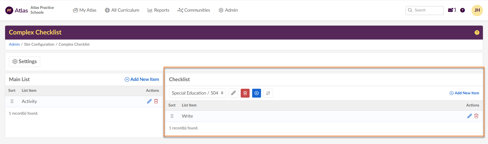 Captura de pantalla: Utilice esta sección para administrar las listas de verificación y sus elementos verificables.