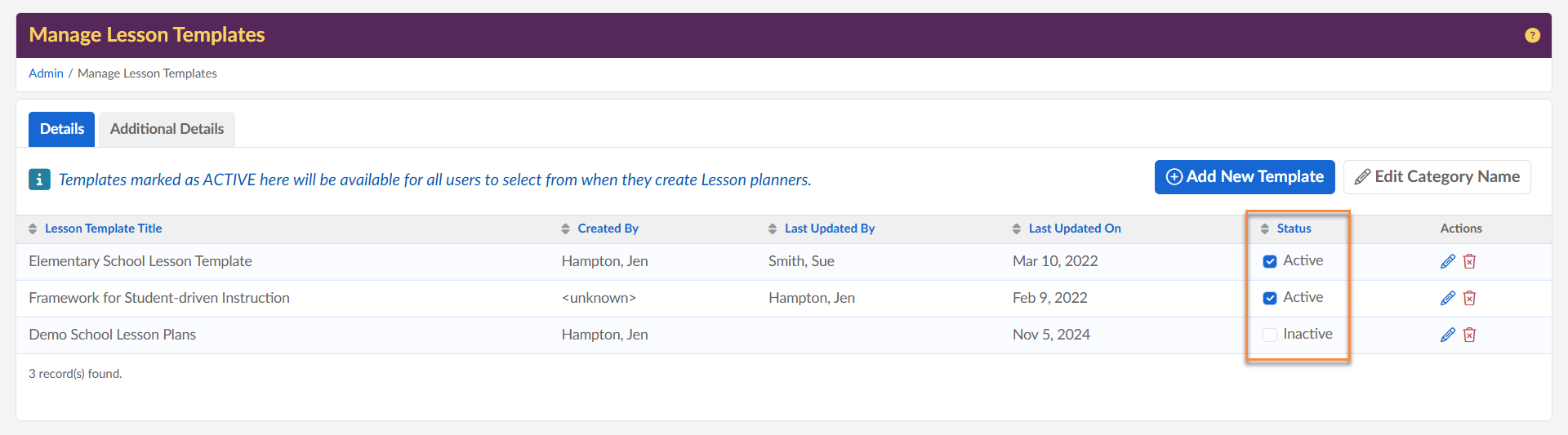 屏幕截图：或者，点击“非活动”状态切换到“活动”状态并显示模板