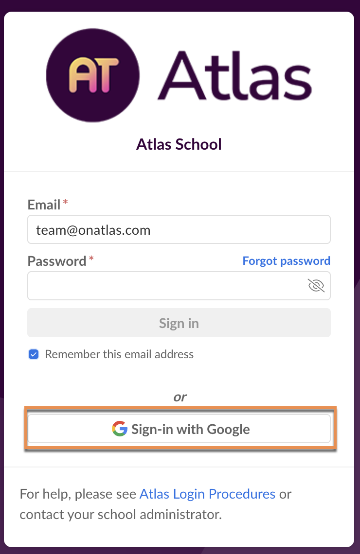 屏幕截图：导航至您的 Atlas 站点，然后点击登录屏幕上的 Google 按钮。