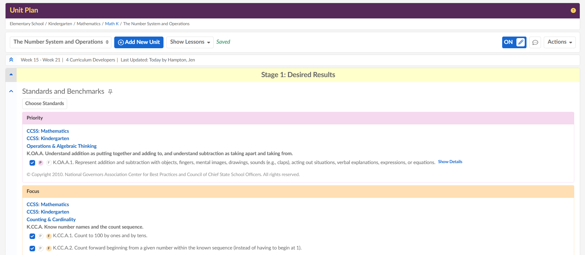 截图：已标记的标准将在您的单元计划器中显示如下。