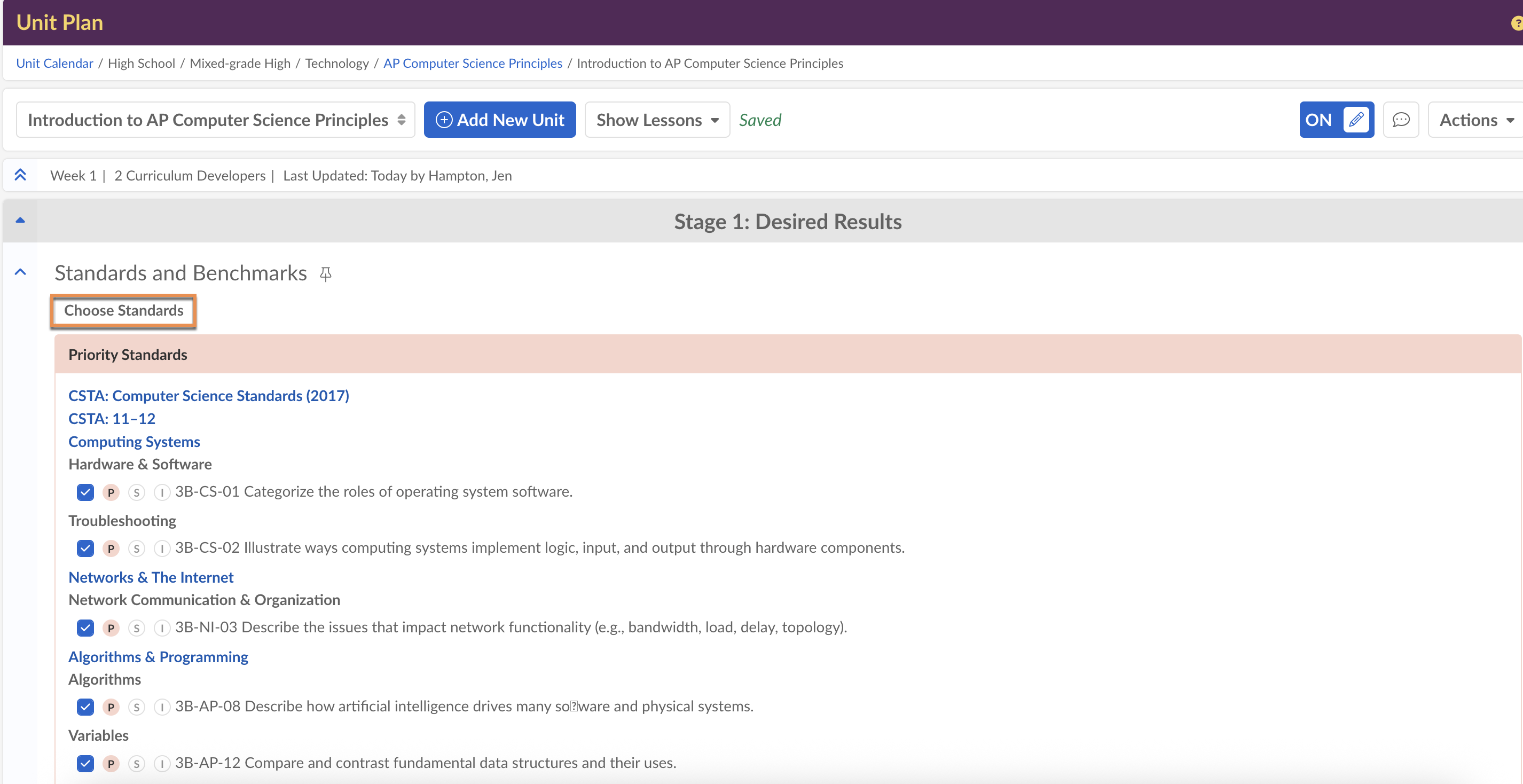 لقطة شاشة: من خلال مخطط الوحدة في My Atlas > My Courses، يمكنك الوصول إلى جميع مجموعات المعايير المعتمدة من قبل مدرستك.